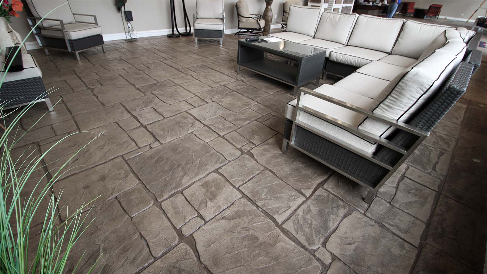 English Yorkstone stamp pattern in Shelby Township Concrete Showroom